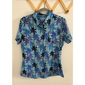 DIXXON Top Women's Medium Blue Palm Tree Palisades Button Down D Lite Beach